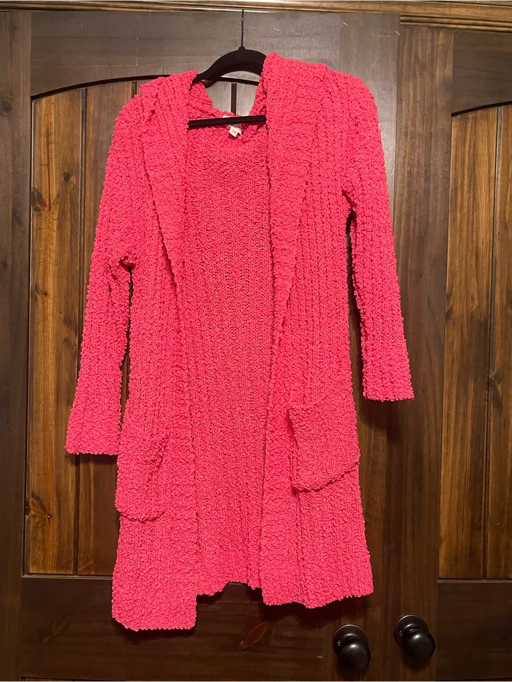 Open-Front Hooded Popcorn Cardigan - Hot Pink